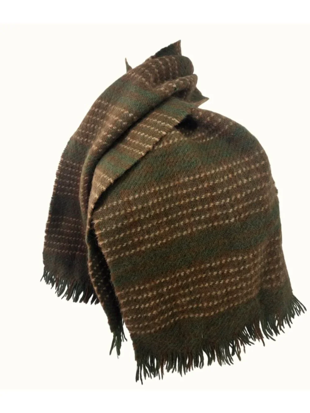 Vintage Handmade Heavy Wool Woven Wrap Shawl Green Stripe Fringed 52x10.5 Unisex